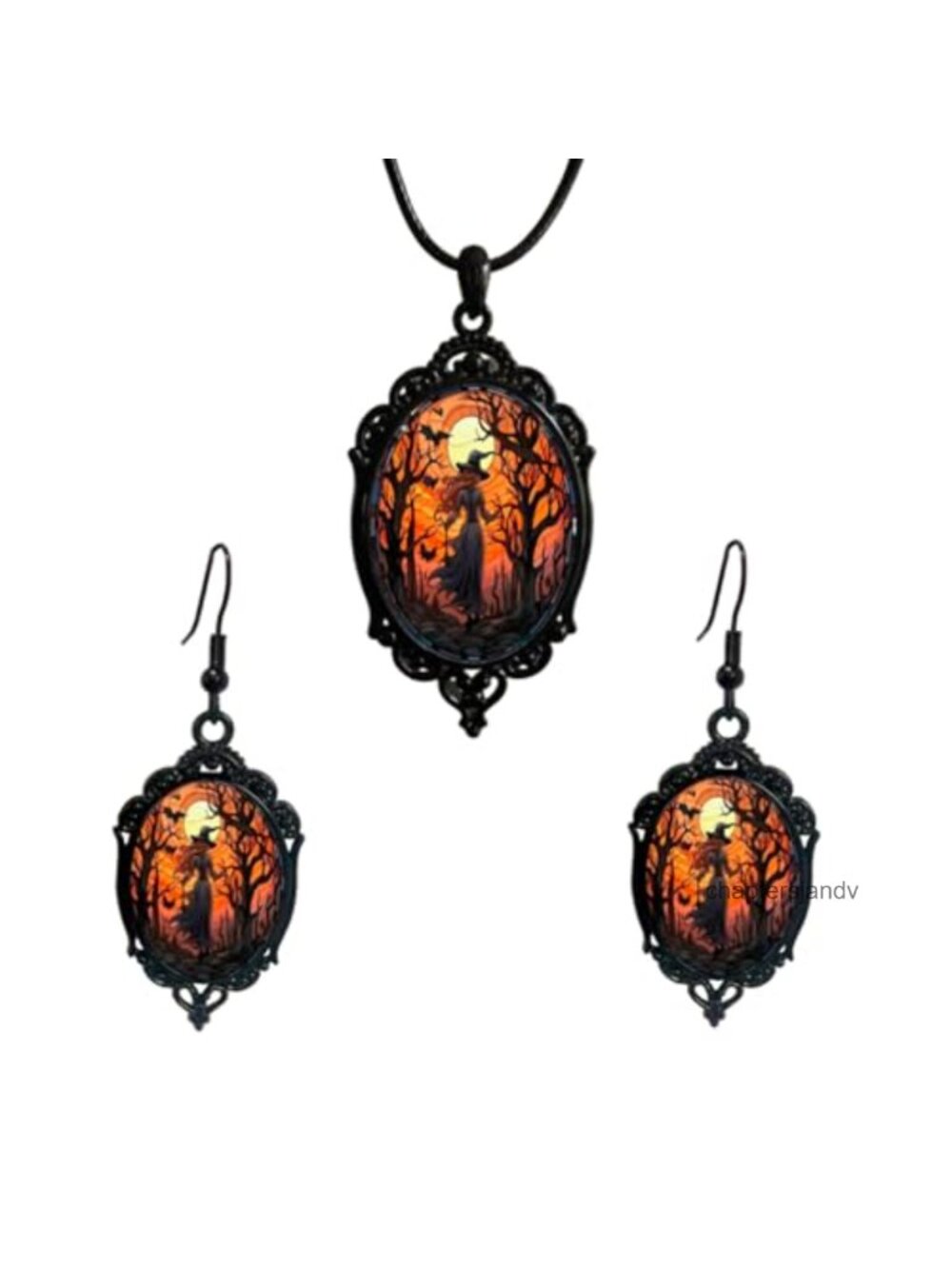 Gothic Witch Cameo Necklace Earrings Set Victorian Punk Halloween Costume